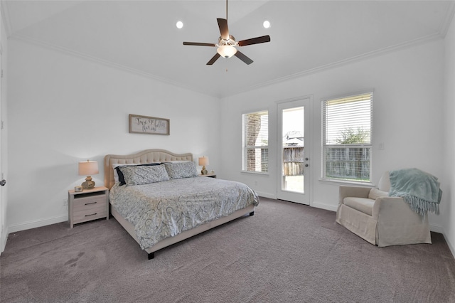 15534 Ponderosa Bend Dr, Cypress, TX 77429 - bedroom with carpet flooring, baseboards, a ceiling fan, access to outside, and ornamental molding