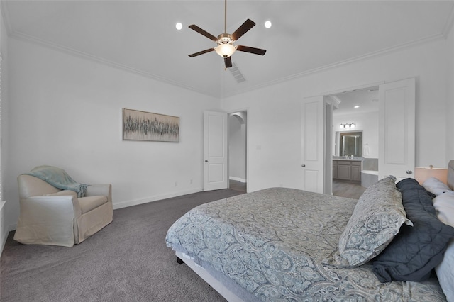 15534 Ponderosa Bend Dr, Cypress, TX 77429 - carpeted bedroom featuring a ceiling fan, crown molding, ensuite bathroom, baseboards, and visible vents