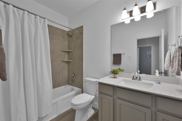 15534 Ponderosa Bend Dr, Cypress, TX 77429 - bathroom with shower / bath combination with curtain, wood finished floors, vanity, and toilet
