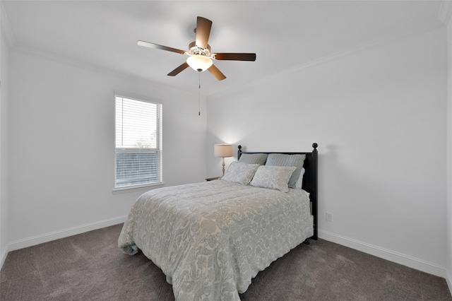 15534 Ponderosa Bend Dr, Cypress, TX 77429 - bedroom featuring a ceiling fan, baseboards, dark carpet, and ornamental molding