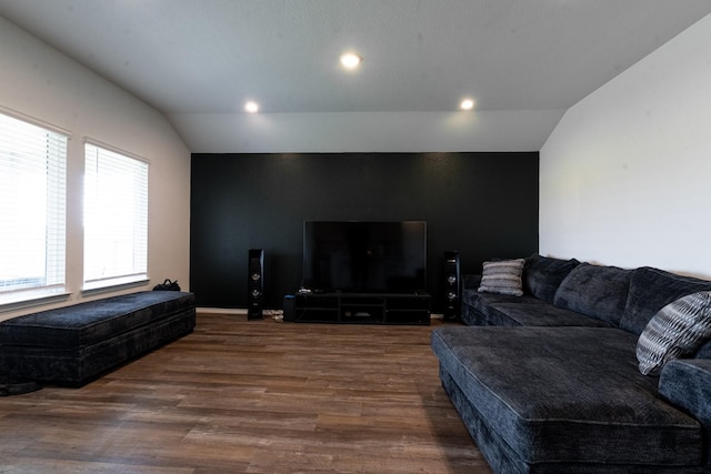 24737 Mountain Tree Dr, Magnolia, TX 77355 - living room featuring recessed lighting, lofted ceiling, and wood finished floors