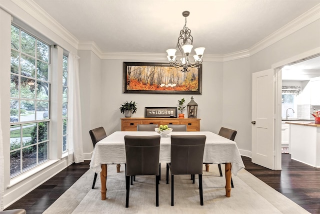 dining room with an inviting chandelier, dark wood-style floors, and ornamental molding