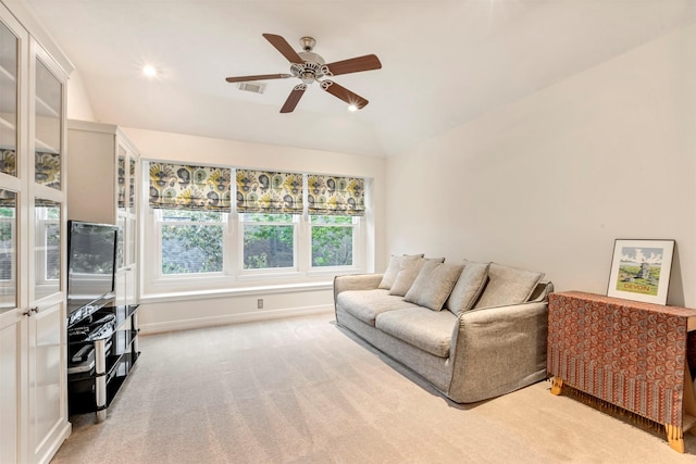 living area featuring ceiling fan, light carpet, recessed lighting, baseboards, and visible vents