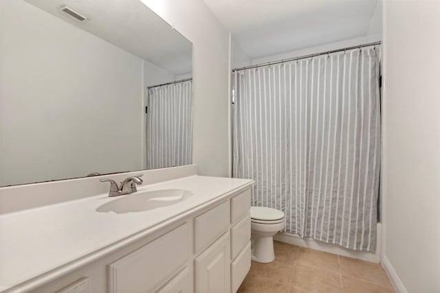 bathroom featuring visible vents, tile patterned flooring, toilet, and vanity