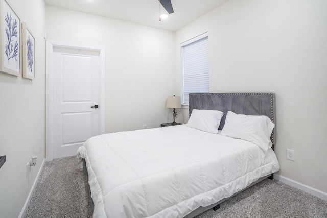 carpeted bedroom with a ceiling fan, baseboards, and recessed lighting