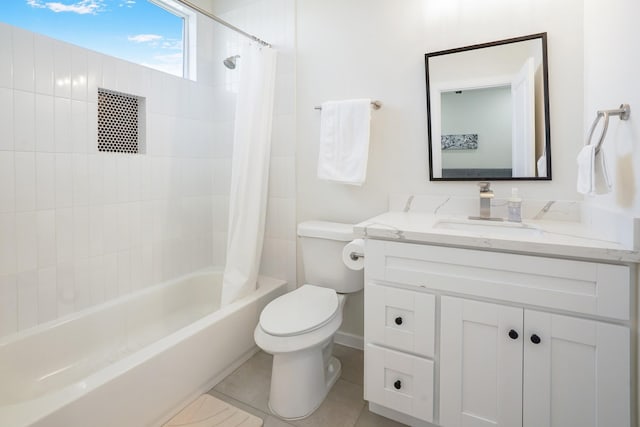full bathroom with shower / tub combo, toilet, vanity, and tile patterned floors