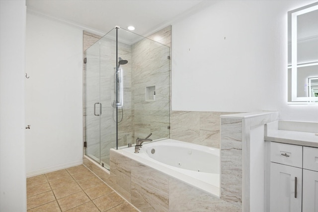 2842 Briarhurst Park, Houston, TX 77057 - full bathroom featuring baseboards, a jetted tub, a shower stall, crown molding, and vanity