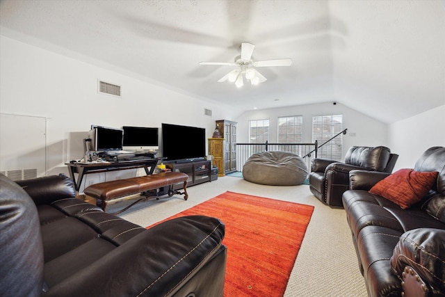2842 Briarhurst Park, Houston, TX 77057 - living area with ceiling fan, vaulted ceiling, carpet flooring, and visible vents