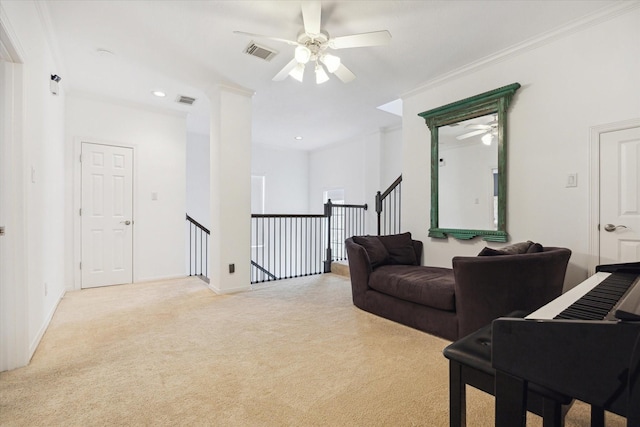 2842 Briarhurst Park, Houston, TX 77057 - carpeted living area with visible vents, recessed lighting, ceiling fan, and crown molding
