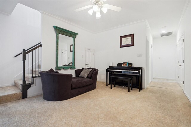 2842 Briarhurst Park, Houston, TX 77057 - living area featuring stairway, crown molding, ceiling fan, carpet flooring, and visible vents
