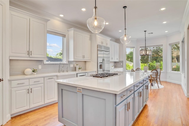 kitchen featuring stainless steel appliances, gray cabinetry, a sink, and a healthy amount of sunlight