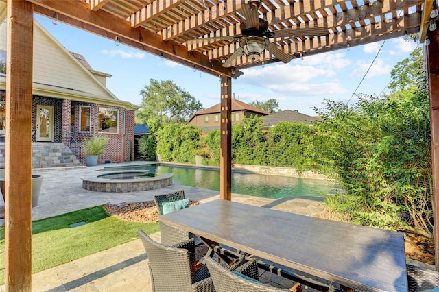 view of patio / terrace featuring a pergola, outdoor dining space, a pool with connected hot tub, and ceiling fan