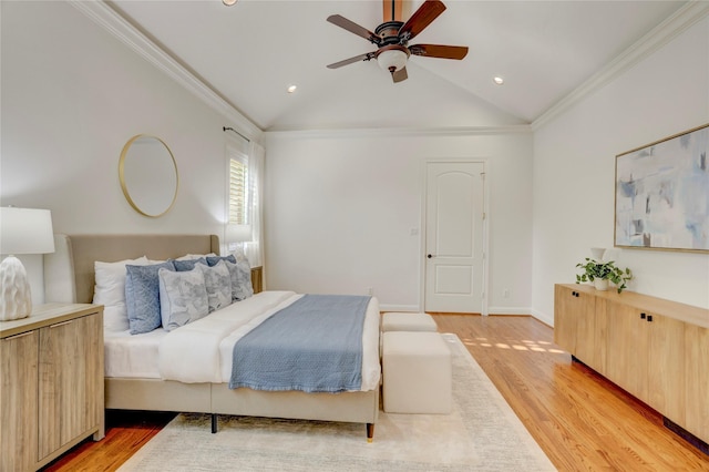 bedroom with light wood finished floors, lofted ceiling, recessed lighting, and ornamental molding