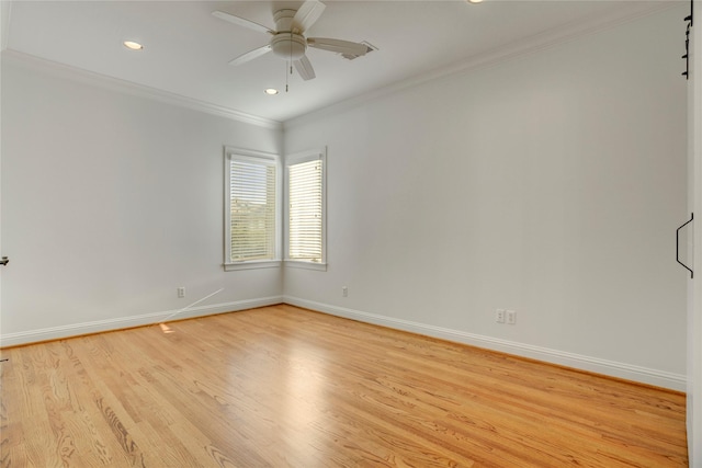 unfurnished room with light wood-style flooring, baseboards, recessed lighting, ceiling fan, and crown molding