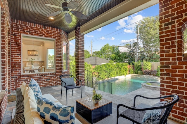 view of patio featuring a fenced in pool, a ceiling fan, fence private yard, and an outdoor hangout area