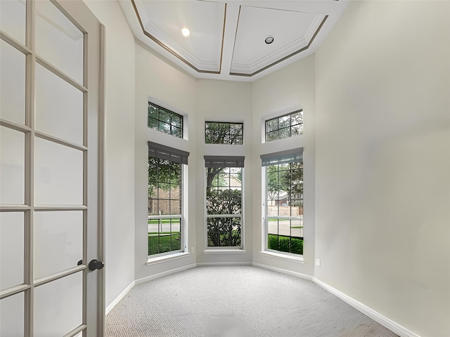 carpeted spare room with baseboards, a towering ceiling, and a wealth of natural light