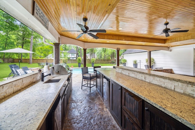 view of patio / terrace featuring a fenced backyard, a ceiling fan, and area for grilling