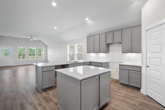 kitchen featuring plenty of natural light, a kitchen island, gray cabinets, and wood finished floors