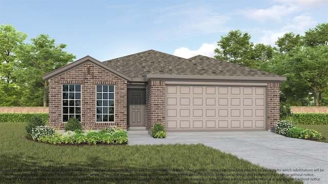 view of front facade with roof with shingles, driveway, fence, brick siding, and a garage