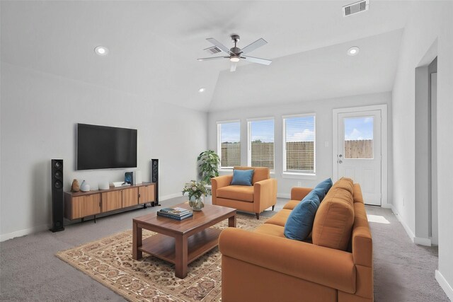 369 Spruce Oak Ln, Waller, TX 77484 - living area featuring baseboards, ceiling fan, light carpet, recessed lighting, and vaulted ceiling
