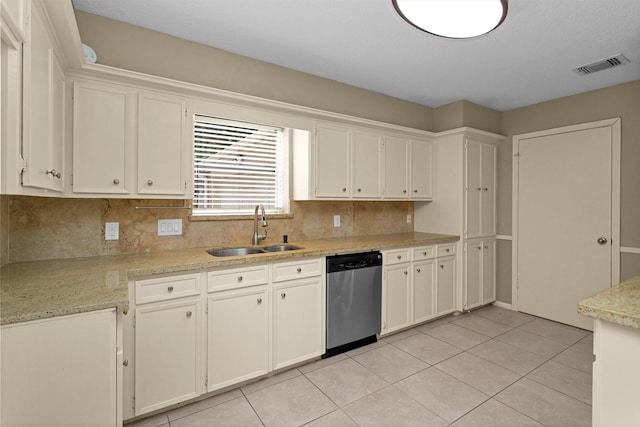 kitchen with white cabinets, a sink, decorative backsplash, stainless steel dishwasher, and visible vents