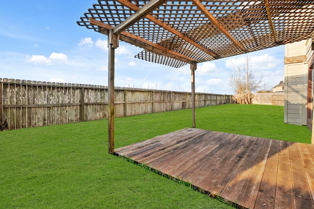 wooden terrace featuring a lawn, a pergola, and a fenced backyard