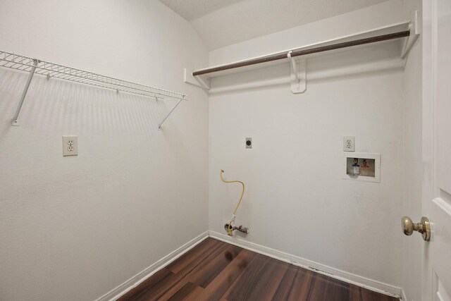 laundry room with hookup for a washing machine, hookup for an electric dryer, laundry area, dark wood finished floors, and hookup for a gas dryer