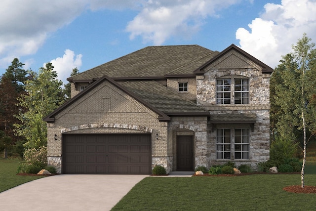 french country home with stone siding, an attached garage, a front lawn, and driveway