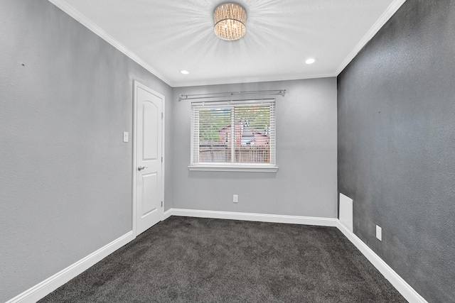 spare room featuring recessed lighting, dark carpet, baseboards, and ornamental molding