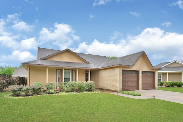 ranch-style house featuring concrete driveway, a front lawn, a shingled roof, an attached garage, and brick siding