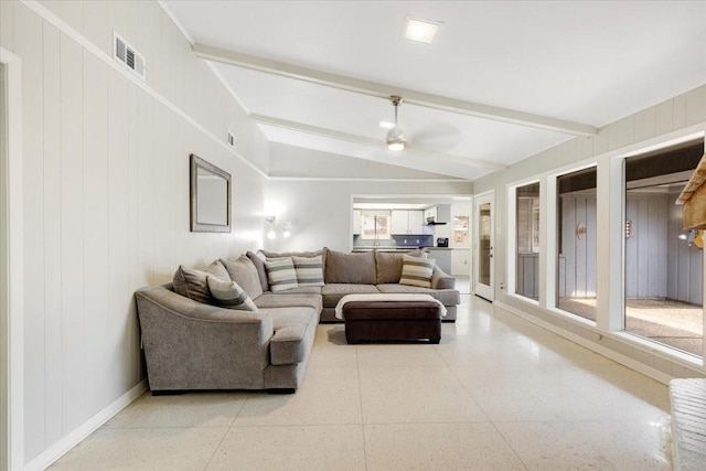 1330 Saxony Ln, Houston, TX 77058 - living area with lofted ceiling with beams, light speckled floor, a ceiling fan, and visible vents