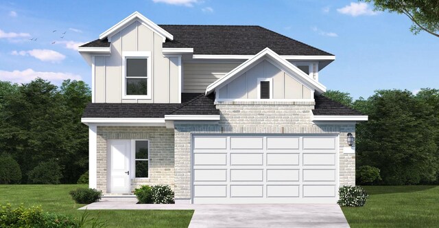 12170 Ridge Top Dr, Conroe, TX 77304 - modern inspired farmhouse featuring a garage, driveway, a shingled roof, and a front lawn