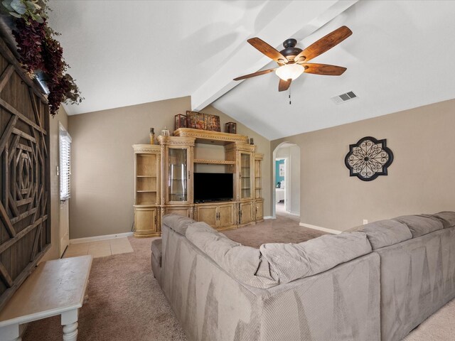 20819 Mount Bauer Dr, Hockley, TX 77447 - living area featuring visible vents, vaulted ceiling with beams, light carpet, baseboards, and ceiling fan