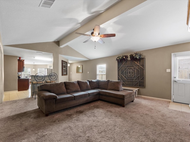 20819 Mount Bauer Dr, Hockley, TX 77447 - living room with visible vents, a ceiling fan, light colored carpet, and a wealth of natural light
