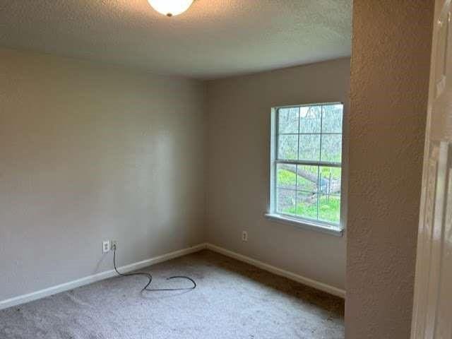 carpeted empty room with a textured ceiling and baseboards