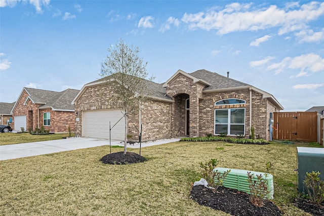 view of front of house with concrete driveway, a garage, brick siding, a shingled roof, and a front yard