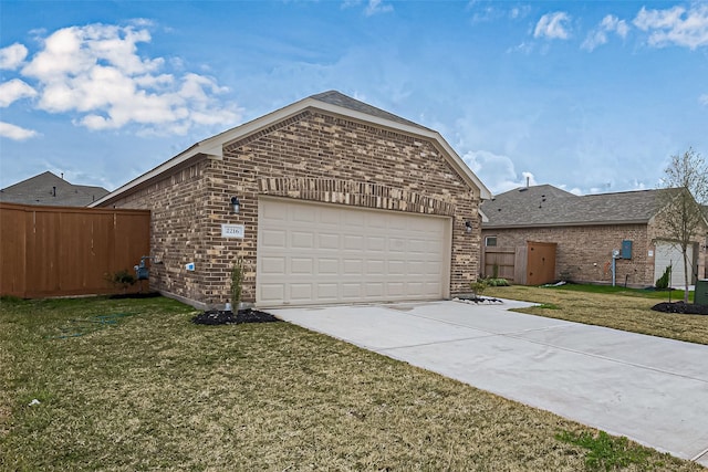 exterior space featuring concrete driveway, fence, brick siding, a garage, and a lawn