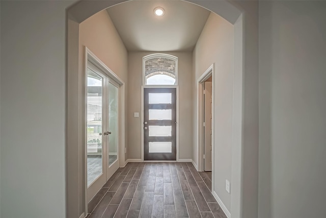 foyer with baseboards, dark wood-type flooring, and a healthy amount of sunlight