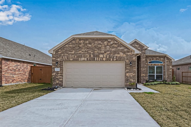 view of front of property featuring brick siding, driveway, a front yard, and a garage