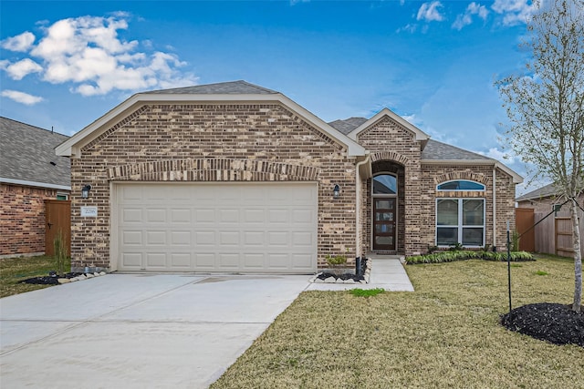 view of front of home with a front lawn, driveway, fence, a garage, and brick siding