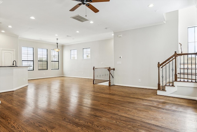 5308 Larkin St Unit B, Houston, TX 77007 - unfurnished living room with a ceiling fan, crown molding, wood finished floors, visible vents, and recessed lighting