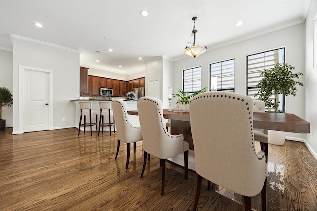 5308 Larkin St Unit B, Houston, TX 77007 - dining room with recessed lighting, baseboards, crown molding, and dark wood-style floors