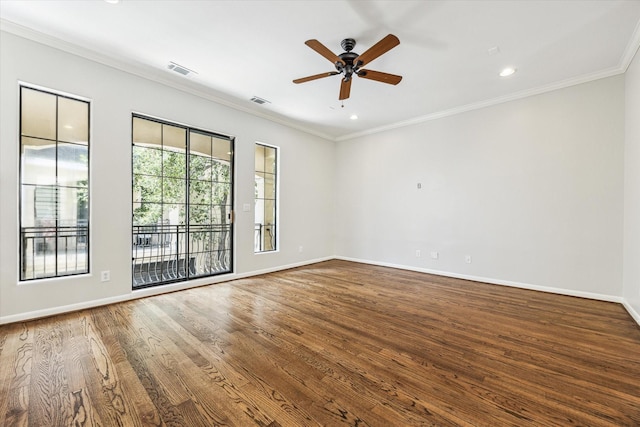 5308 Larkin St Unit B, Houston, TX 77007 - unfurnished room with baseboards, visible vents, a ceiling fan, wood finished floors, and crown molding