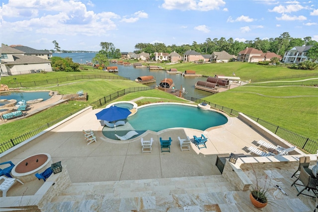 18762 Grand Harbor Pt, Montgomery, TX 77356 - view of swimming pool with a water view, a patio, a residential view, and a pool with connected hot tub