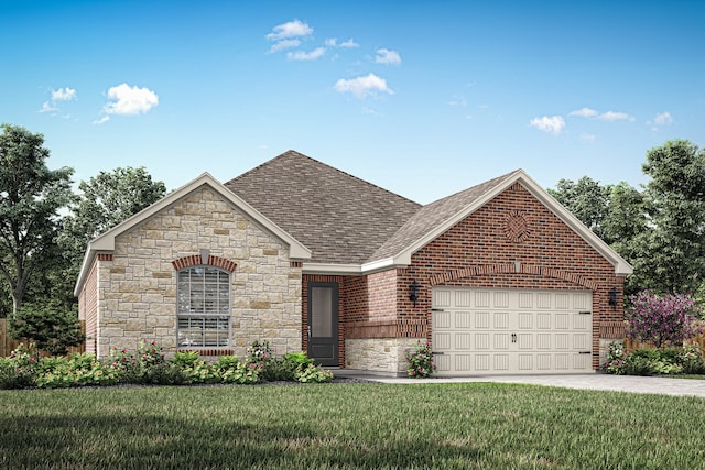 3121 Banyan Dr, Texas City, TX 77510 - single story home featuring a garage, stone siding, a front lawn, and a shingled roof