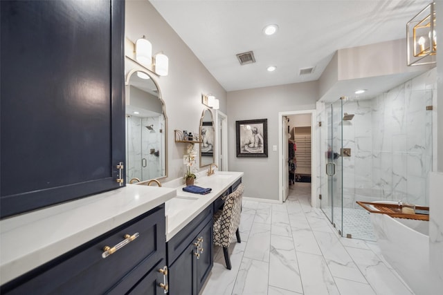 full bathroom featuring visible vents, marble finish floor, and a marble finish shower