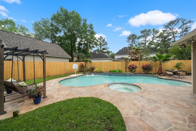 view of swimming pool featuring a fenced in pool, a patio area, a fenced backyard, and an in ground hot tub