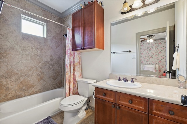 2419 Briarhurst Dr, Houston, TX 77057 - bathroom with shower / bath combo with shower curtain, vanity, and a ceiling fan