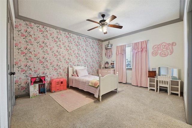 2419 Briarhurst Dr, Houston, TX 77057 - carpeted bedroom featuring crown molding, a ceiling fan, and wallpapered walls