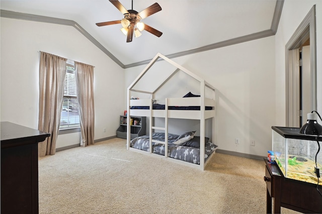 2419 Briarhurst Dr, Houston, TX 77057 - bedroom with ornamental molding, carpet flooring, vaulted ceiling, and a ceiling fan